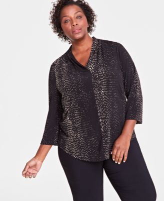 JM Collection - Plus Size Printed V-Neck 3/4-Sleeve Top