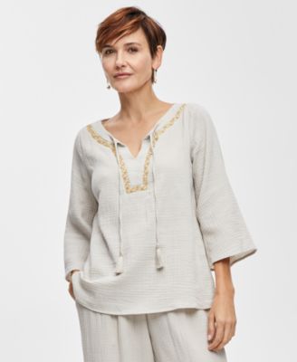 JM Collection - Petite Embellished-Split-Neck Cotton Top