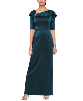 Alex Evenings - Petite Asymmetrical Rhinestone-Brooch Gown