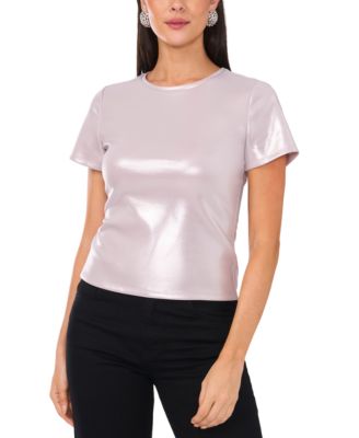 1.STATE - Women's Short Sleeve Crew Neck Metallic T-Shirt