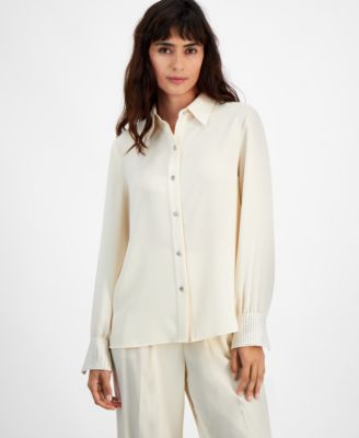 Bar III - Women's Rhinestone-Cuff Button-Front Shirt, Created for Macy's