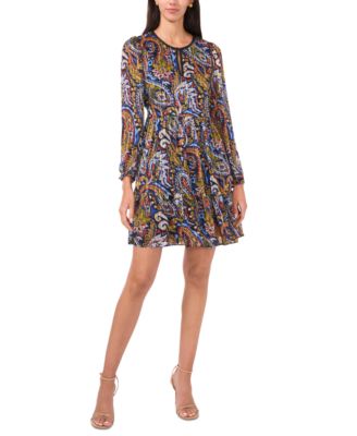 MSK - Petite Paisley-Print Split-Neck Chiffon Dress