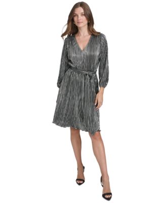 Halston - Women's Metallic-Stripe Tie-Waist V-Neck Dress