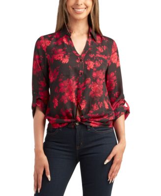 BCX - Juniors' Floral-Print Button-Down Roll-Tab Dobby Top