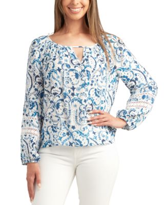 BCX - Juniors' Floral-Print Crinkled Woven Long-Sleeve Top