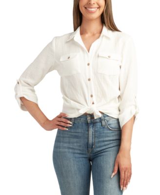 BCX - Juniors' Roll-Tab-Sleeve Cotton Gauze Top