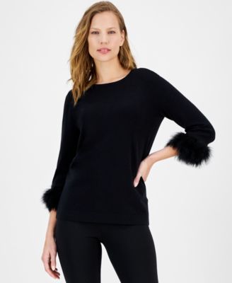 Anne Klein - Women's Crewneck Feather-Trim-Cuff Sweater