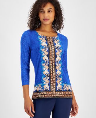 JM Collection - Women's Printed Jacquard 3/4-Sleeve Top