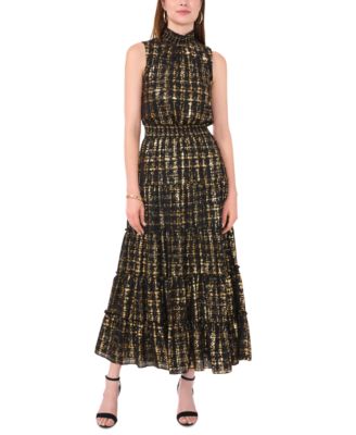 MSK - Women's Plaid Smocked Mock-Neck Maxi Dress