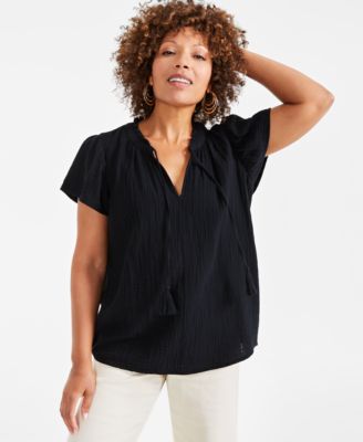 Style & Co - Women's Cotton Ruffled Tie-Neck Flutter-Sleeve Top