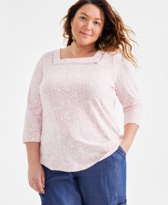 Style & Co - Plus Size Cotton Square-Neck 3/4-Sleeve Top