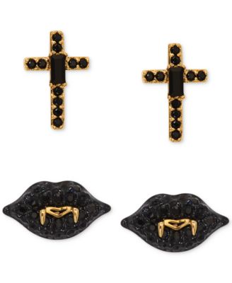 AJOA - 18k Gold-Plated 2-Pc. Set Jet Crystal Cross & Vampire Lips Stud Earrings