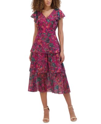 kensie - Women's V-Neck Printed Ruffle Dress