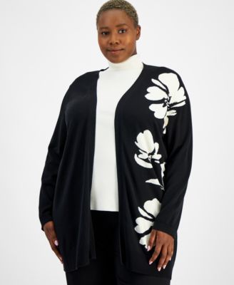 Anne Klein - Plus Size Floral Intarsia Cardigan Sweater