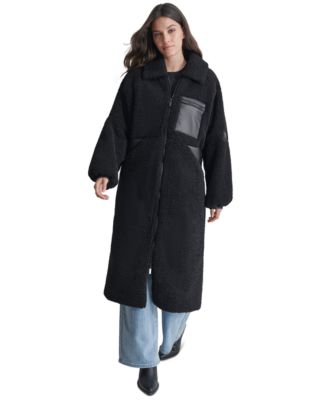 DKNY Jeans - Women's Sherpa Fleece Contrast-Trim Zip-Front Coat
