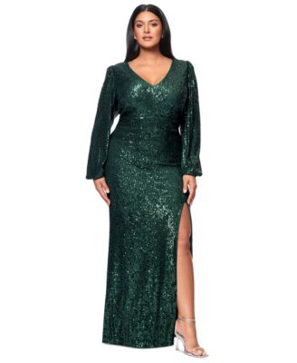XSCAPE - Plus Size Sequin Long-Sleeve Side-Slit Gownx