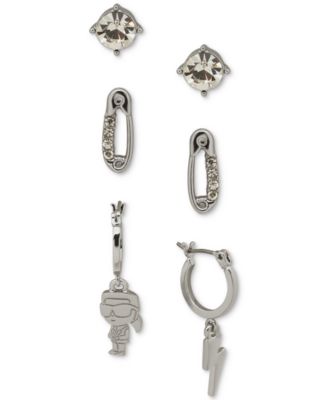 KARL LAGERFELD PARIS - Silver-Tone 3-Pc. Set Crystal Stud & Mismatch Hoop Earrings