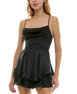 Crystal Doll - Juniors' Satin Drape-Neck Tiered Romper