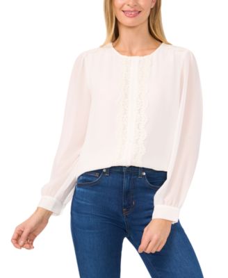 CeCe - Women's Lace-Trim Button-Front Long-Sleeve Blouse
