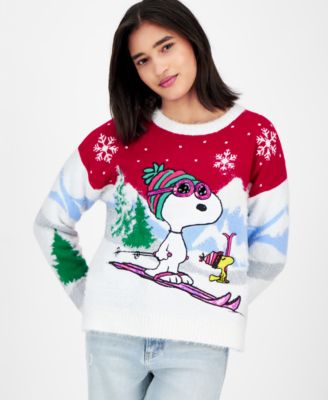 Hooked Up by IOT - Juniors' Snoopy and Woodstock Skiing Christmas Sweater