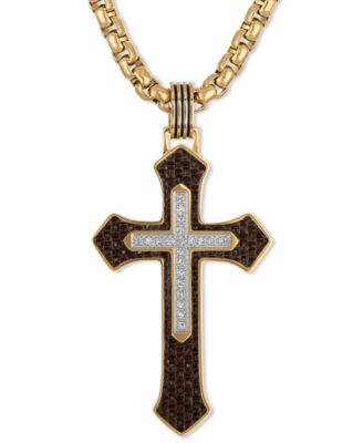 Esquire Men's Jewelry - Diamond & Brown Carbon Fiber Cross Pendant Necklace (1/10 ct. t.w.) in Gold-Tone Ion-Plated Stainless Steel, 22"