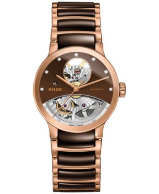 Rado - Women's Swiss Automatic Centrix Diamond Accent Rose Gold-Tone PVD Stainless Steel & Brown Ceramic Bracelet Watch 33mm R30248712