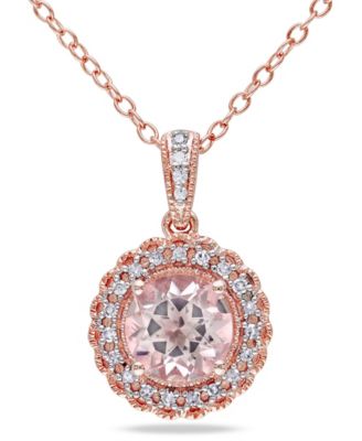 Macy's - Morganite (1-1/6 ct. t.w.) and Diamond (1/10 ct. t.w.) Halo 18" Necklace in Rose Gold over Silver