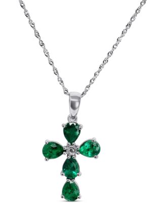 Macy's - Emerald (1-1/3 ct. t.w.) & Diamond Accent Cross 18" Pendant Necklace in 14k White Gold