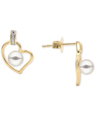 Macy's - Cultured Freshwater Pearl (4-1/2mm) & Diamond Accent Heart Stud Earrings in 14k Gold-Plated Sterling Silver
