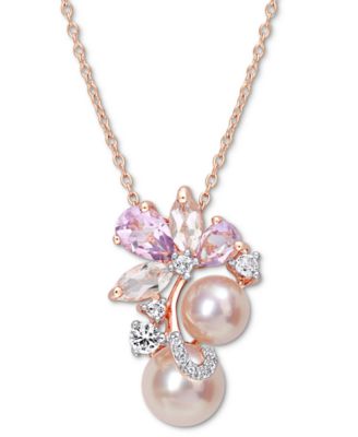 Macy's - Pink Cultured Freshwater Pearl (7 & 8-1/2mm) & Multi-Gemstone (2-1/3 ct. t.w.) Flower Cluster 18" Pendant Necklace in 18K Rose Gold-Plated Sterling Silver