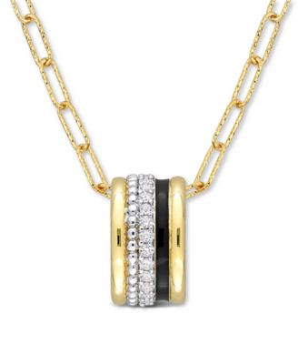 Macy's - Lab-Grown White Sapphire (4/5 ct. t.w.) & Black Enamel Paperclip Link 18" Pendant Necklace in Sterling Silver & Yellow-Plated Sterling Silver