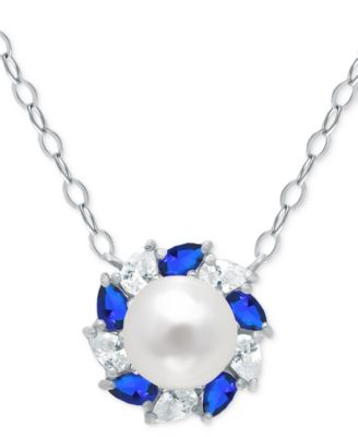 Giani Bernini - Freshwater Pearl (6mm), Lab-Grown Blue Sapphire (1/6 ct. t.w.), & Cubic Zirconia Halo Pendant Necklace in Sterling Silver, 16" + 2" extender