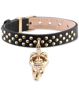 Philipp Plein - Gold-Tone IP Stainless Steel Pav&eacute; Crowned 3D $kull Charm Studded Leather Bracelet