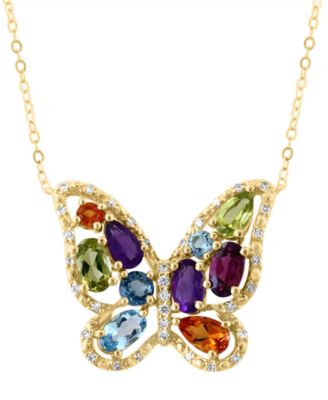 LALI Jewels - Multi-Gemstone (1-3/4 ct. t.w.) & Diamond (1/8 ct. t.w.) Butterfly Pendant Necklace in 14k Gold, 16" + 2" extender