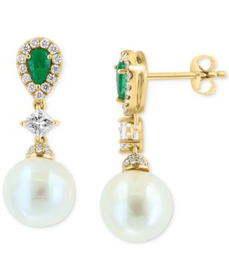 EFFY Collection - Freshwater Pearl (9mm), Emerald (3/8 ct. t.w.) & Diamond (5/8 ct. t.w.) Drop Earrings in 14k Gold