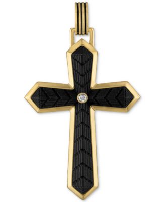 Esquire Men's Jewelry - Cubic Zirconia Carbon Fiber Cross Pendant in 14k Gold-Plated Sterling Silver