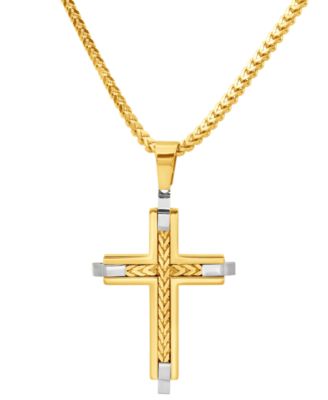 Blackjack - Men's Franco Link Inlay Cross Pendant Necklace in Sterling Silver & Yellow Ion-Plated Stainless Steel