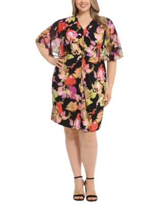 London Times - Plus Size Printed Twist-Front Capelet Dress