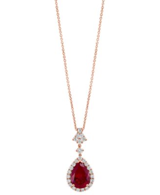 EFFY Collection - Lab Grown Ruby (7-1/8 ct. t.w) & Lab Grown Diamond (1 ct. t.w.) Pear Halo 18" Pendant Necklace in 14k Rose Gold