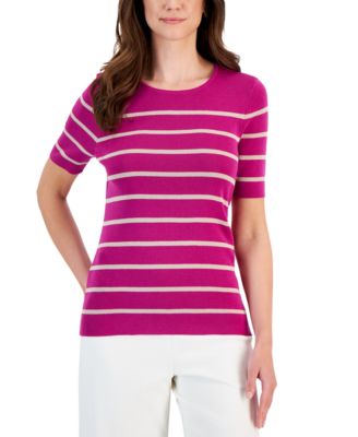 Tahari ASL - Women's Striped Round-Neck Short-Sleeve Sweater Top