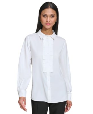 KARL LAGERFELD PARIS - Women's Collared Pleat-Front Long-Sleeve Top