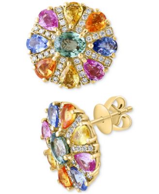 EFFY Collection - Multi-Sapphire (3-7/8 ct. t.w.) & Diamond (1/4 ct. t.w.) Flower Stud Earrings in 14k Gold
