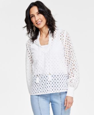 I.N.C. International Concepts - Women's Cotton Tie-Neck Eyelet Blouse