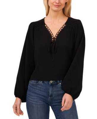CeCe - Women's Circular-Trim Pin-Tuck Long-Sleeve Blouse