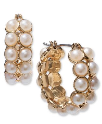 On 34th - Gold-Tone Small Imitation Pearl Double-Row Hoop Earrings, 0.85"