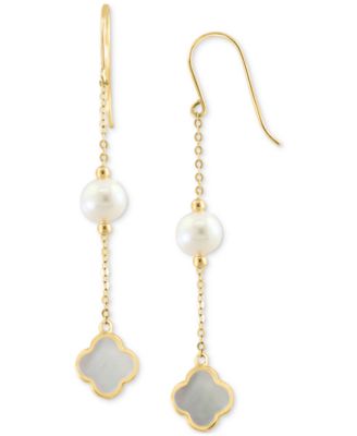 EFFY Collection - Freshwater Pearl & Mother-of-Pearl Clover Linear Drop Earrings in 14k Gold
