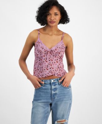 Self Esteem - Juniors' Pleated Lace-Trim Cropped Top