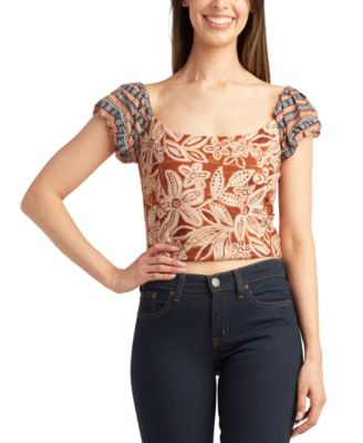 BCX - Juniors' Printed Square-Neck Puff-Sleeve Top