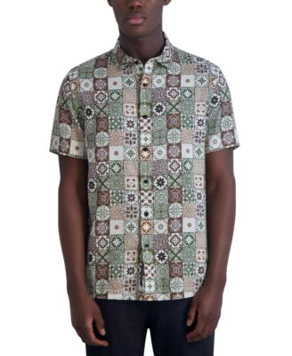 KARL LAGERFELD PARIS - Men's Slim Fit Medallion Print Short Sleeve Button-Front Shirt