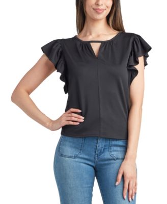 BCX - Juniors' Round-Neck Flutter-Sleeve Crepe Knit Top